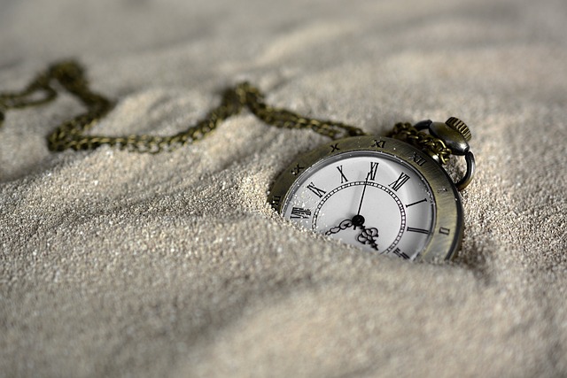 A stopwatch is half-buried in white sand.
