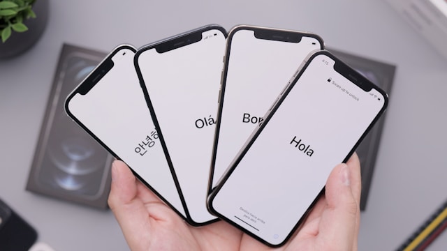 What Is Localization in the Translation Industry? 5 Smartphone screens display different language versions of the word hello.