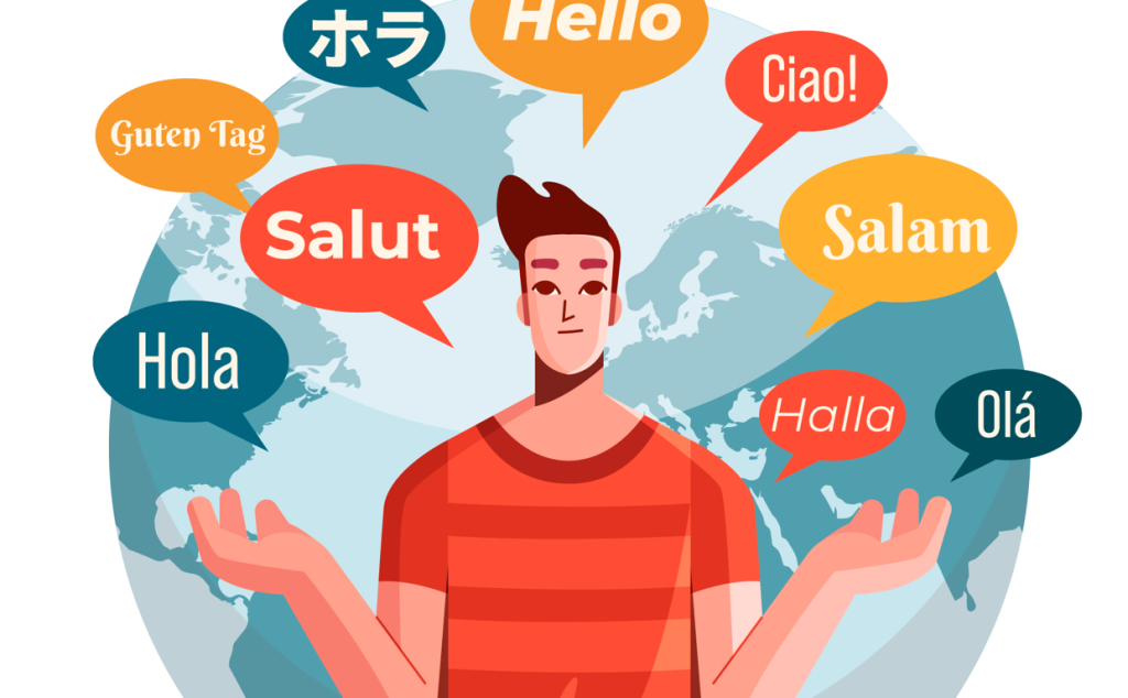 An illustration of a person surrounded by speech bubbles saying “Hello” in various languages around the world.