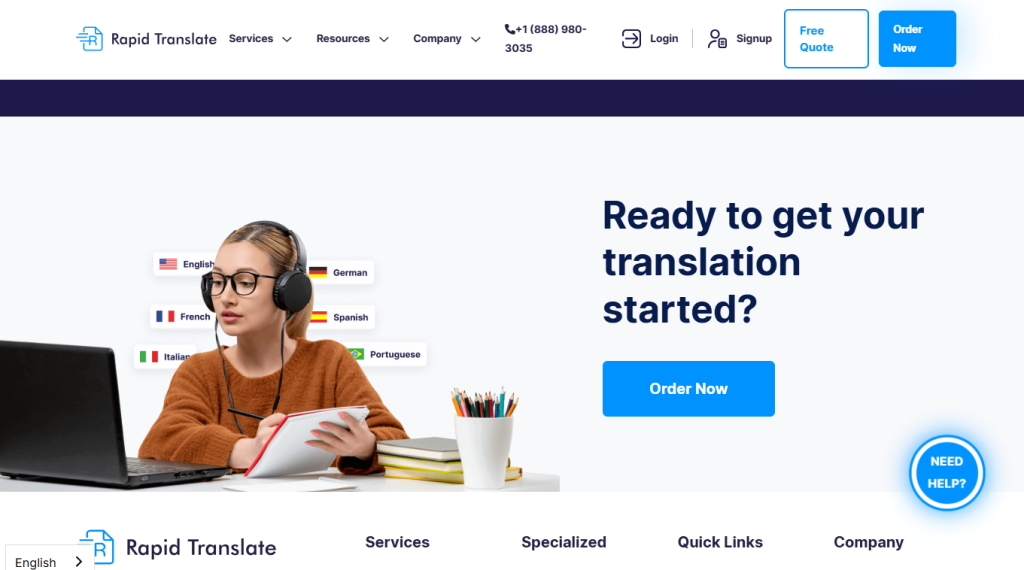Rapid Translate webpage with an order form and a login button.