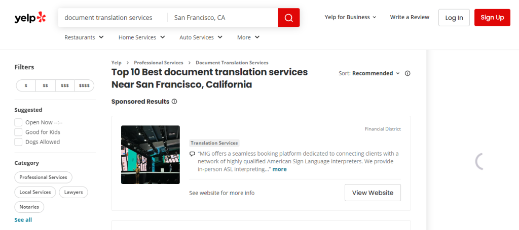 Rapid Translate 的 Yelp 网站截图，显示旧金山 "文档翻译服务 "的搜索结果。 