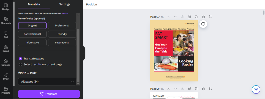 如何翻译 PDF:正确翻译的工具和步骤13 Rapid Translate 的 Canva Translator 桌面仪表盘截图。