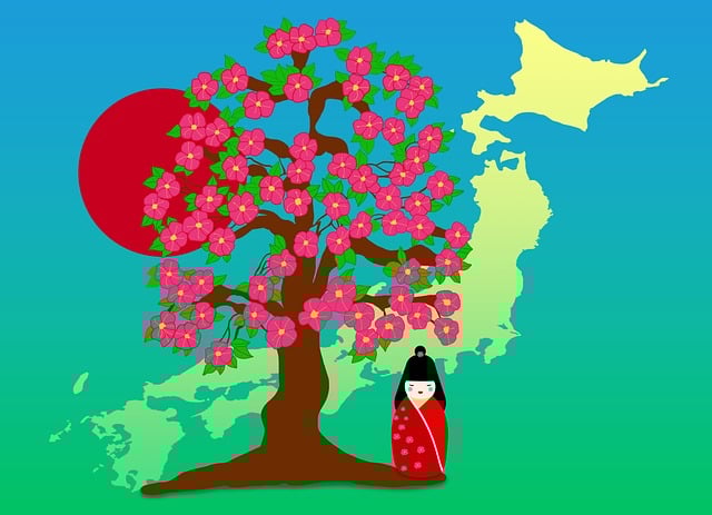 如何成为一名日语翻译:职业指南4 一幅樱花树插图,旁边是一个穿着和服的娃娃,背景是日本地图。