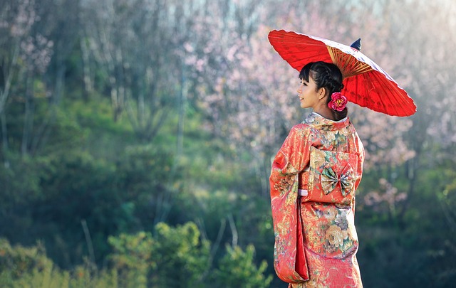 如何成为一名日语翻译:职业指南6 一个身穿橙色和服的人在田野里撑着一把橙色雨伞。